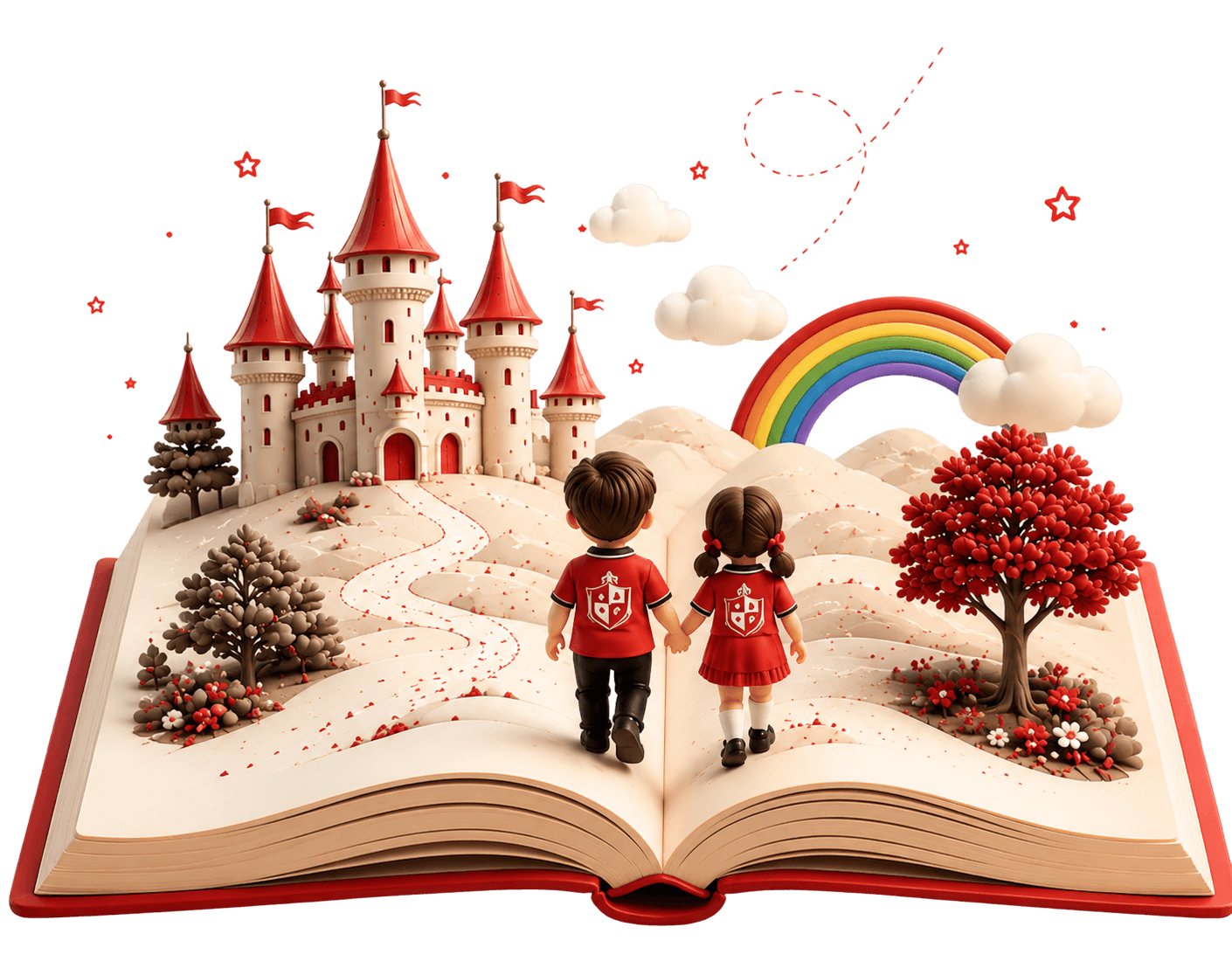 An open storybook with worlds of imagination rising from it